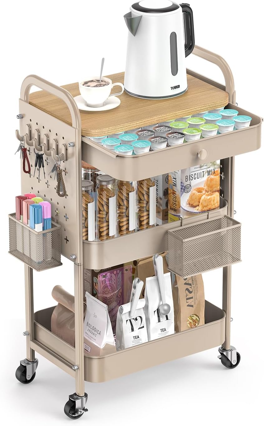 ALVOROG Rolling Cart with Drawer and Wood Table Top, 3 Tier Metal Rolling Utility Cart on Wheels with DIY Pegboards, Hanging Baskets, Hooks for Kitchen, Bedroom, Office, Craft Supplies