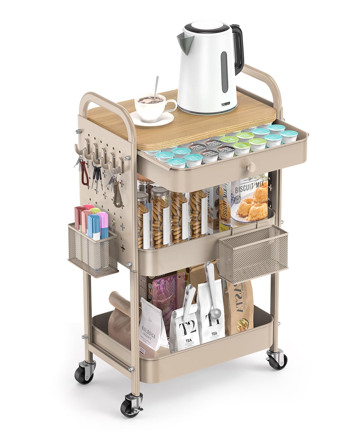 Photo 1 of **UNTESTED**
ALVOROG Rolling Cart with Drawer and Wood Table Top, 3 Tier Metal Rolling Utility Cart on Wheels with DIY Pegboards, Hanging Baskets, Hooks for Kitchen, Bedroom, Office, Craft Supplies