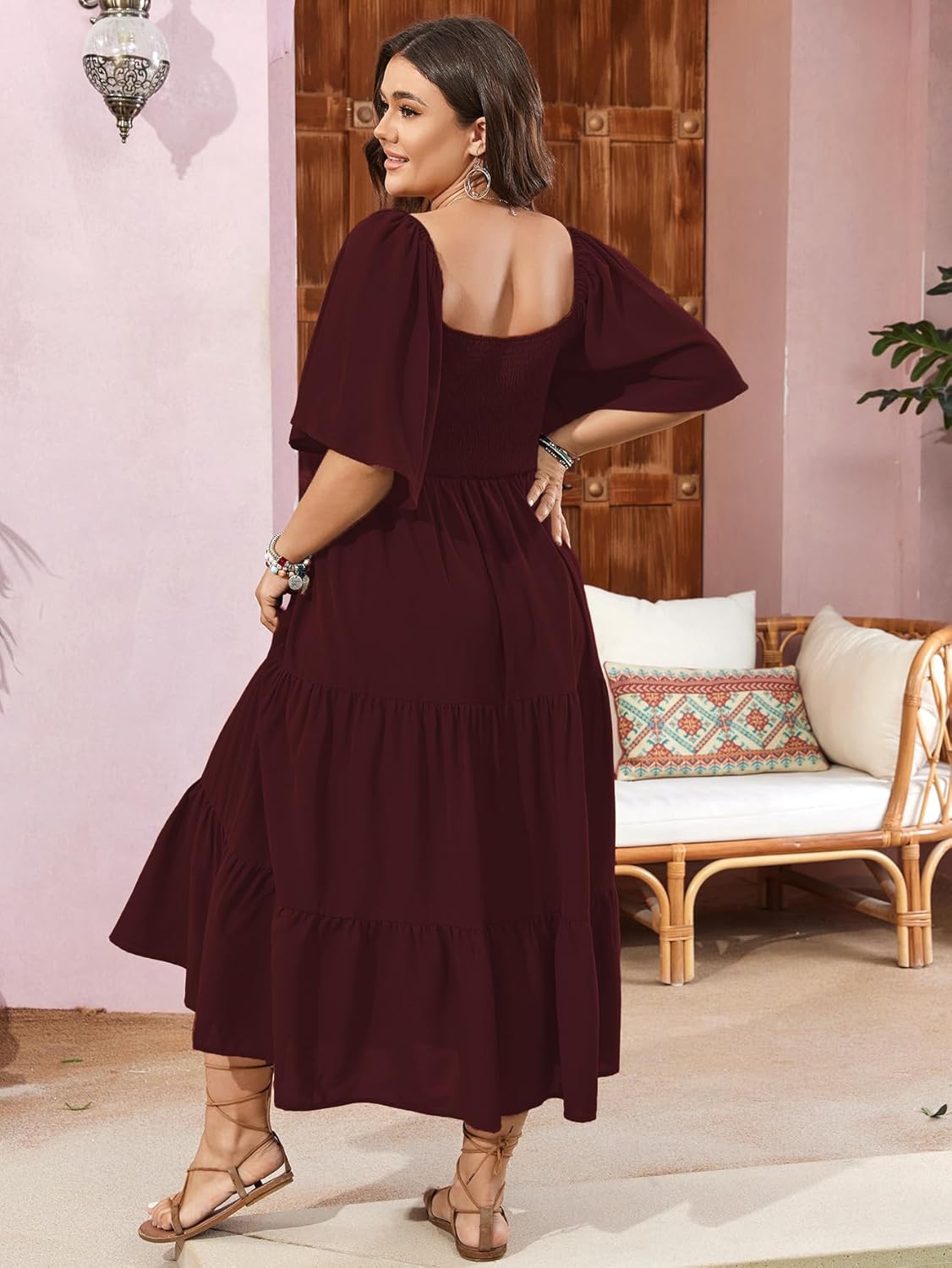 SCOMCHIC Women's Plus Size Flowy Maxi Dress Flutter Short Sleeve Boho Dress Square Neck Smocked Formal Dresses for Women - Image 2