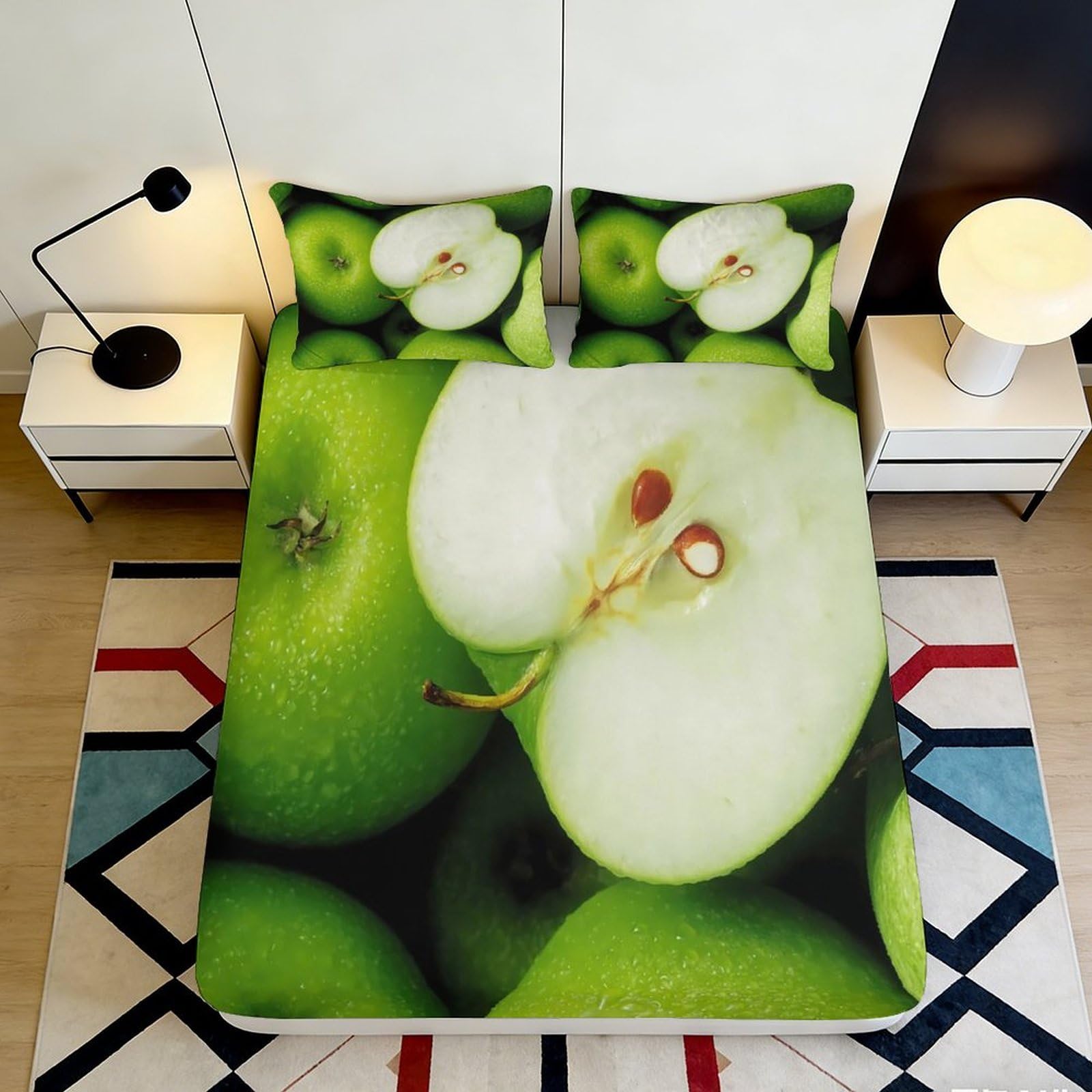 3D Printed Green Apple Fitted Sheet Microfiber Soft Fruit Pattern Bed Cover for Bedroom Guestroom Dustproof Washable 90x200x25cm