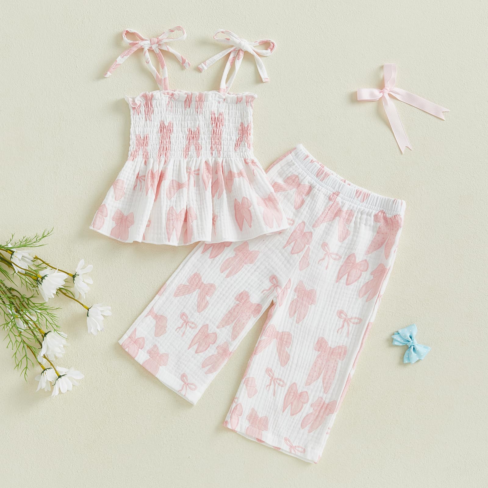 JLKGICF Toddler Baby Girl Summer Outfits Bow/Floral Sleeveless Smocked Strap Camisole Tops Cotton Linen Pants Cute Clothes (Bowknot White, 6-9 Months)