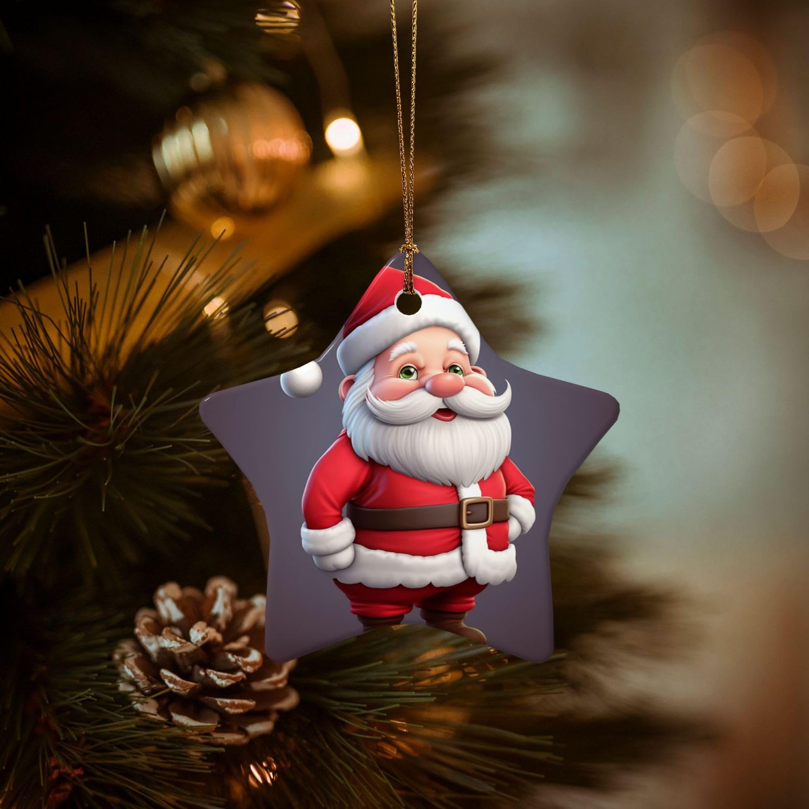 Christmas Tree Ornaments Ceramics Christmas Decorations Christmas Santa Ornaments with Gold Ribbon Porcelain Xmas Tree Crafts Star Shape Hanging Pendant for Christmas Tree Party Decor