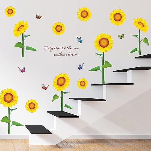 Miniatura 4 de Adhesivo de pared de girasol, diseño de flores y mariposas, calcomanías de pared para dormitorio, vinilo extraíble, decoración artística de vinilo