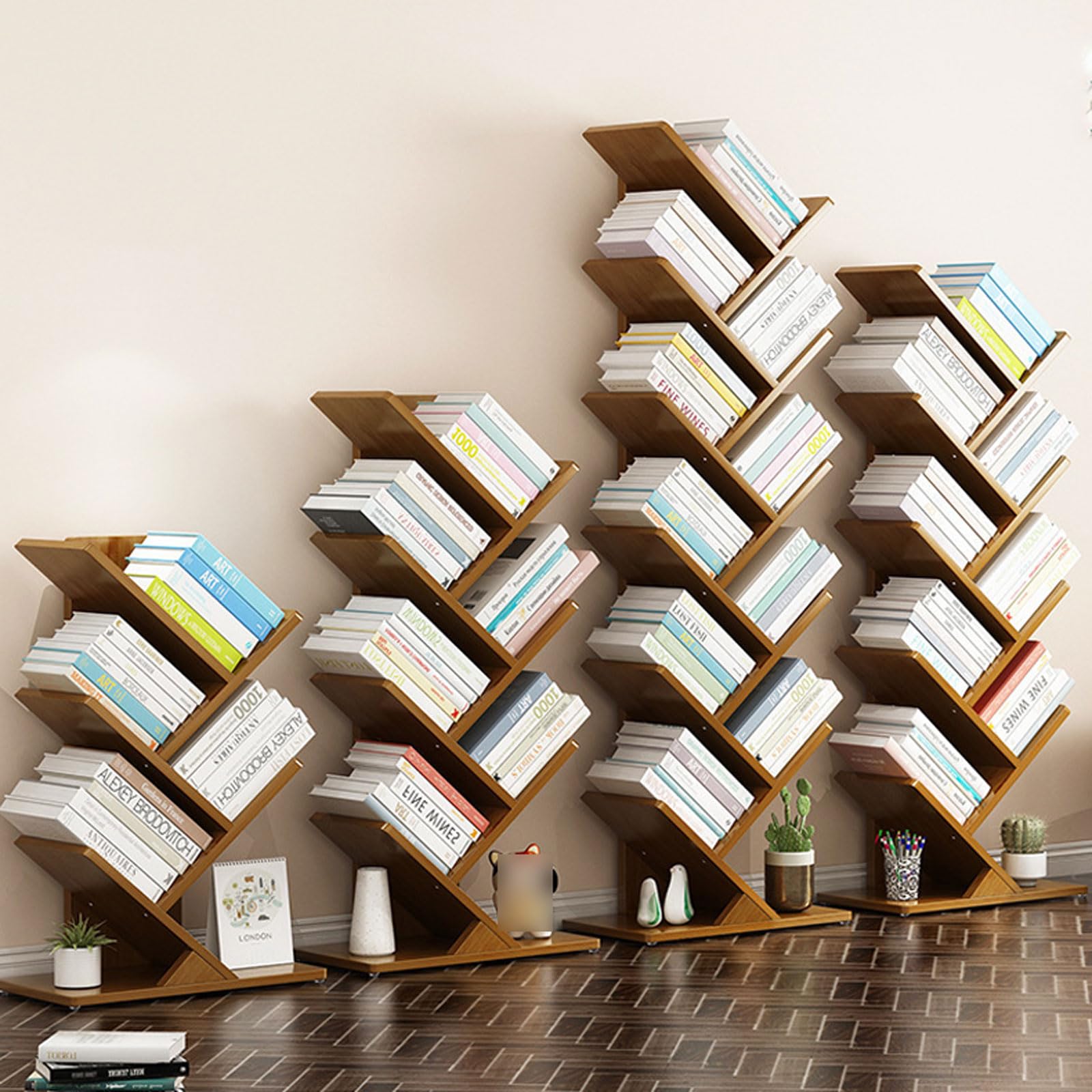 Amazon.co.jp: フロアスタンディング本棚、ツリー型本棚竹製収納棚