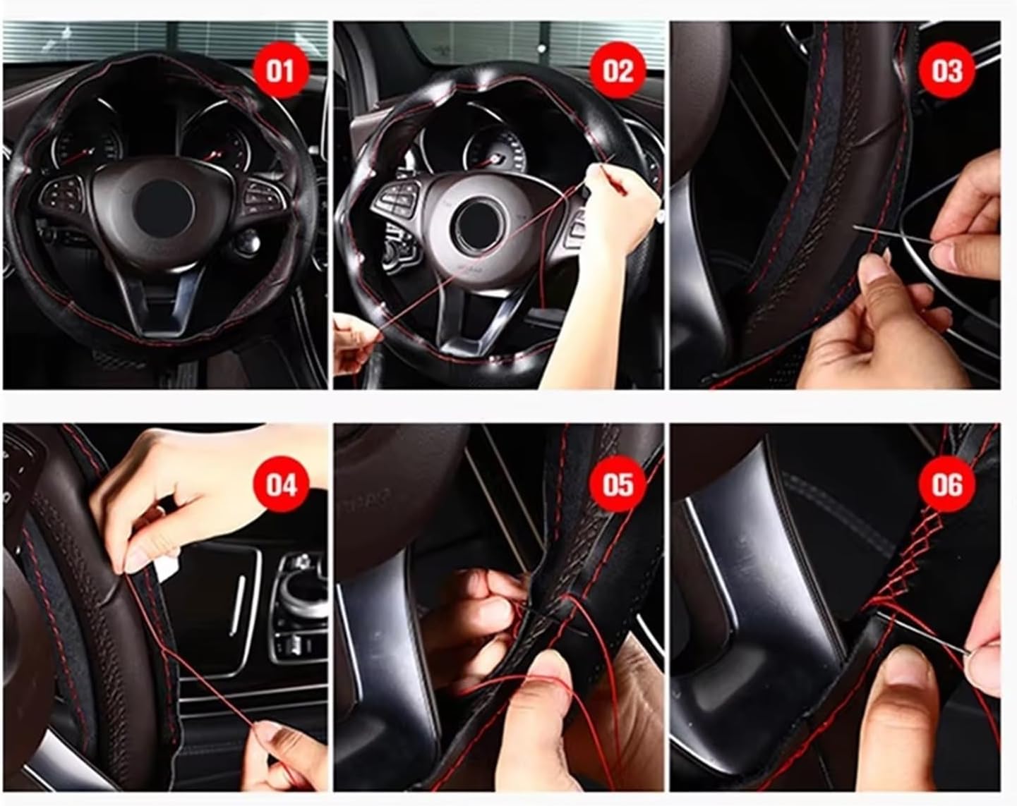 Car Steering Wheel Covers Steering Wheel Cover with Needles and Thread DIY Braid Car for Diameter 37-38cm Wheel Steering Protector(No Hole Red)