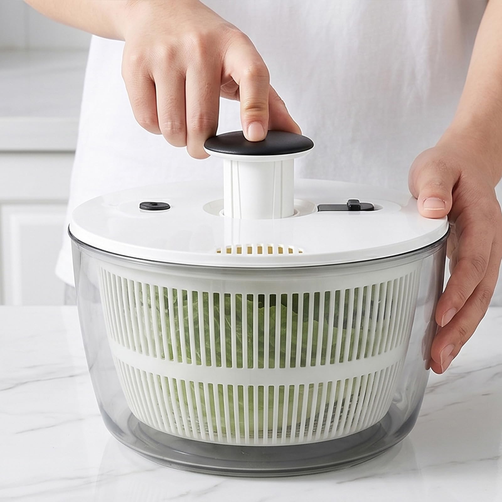 5L Salad Spinner Large for Drying Lettuce, Salad Washer and Spinner with Vegetable Washing Basket and Serving Bowl, Clear Salad Spinner & Vegetable Dryer with Non Slip Base, Brake Button, 24.5 x 20cm