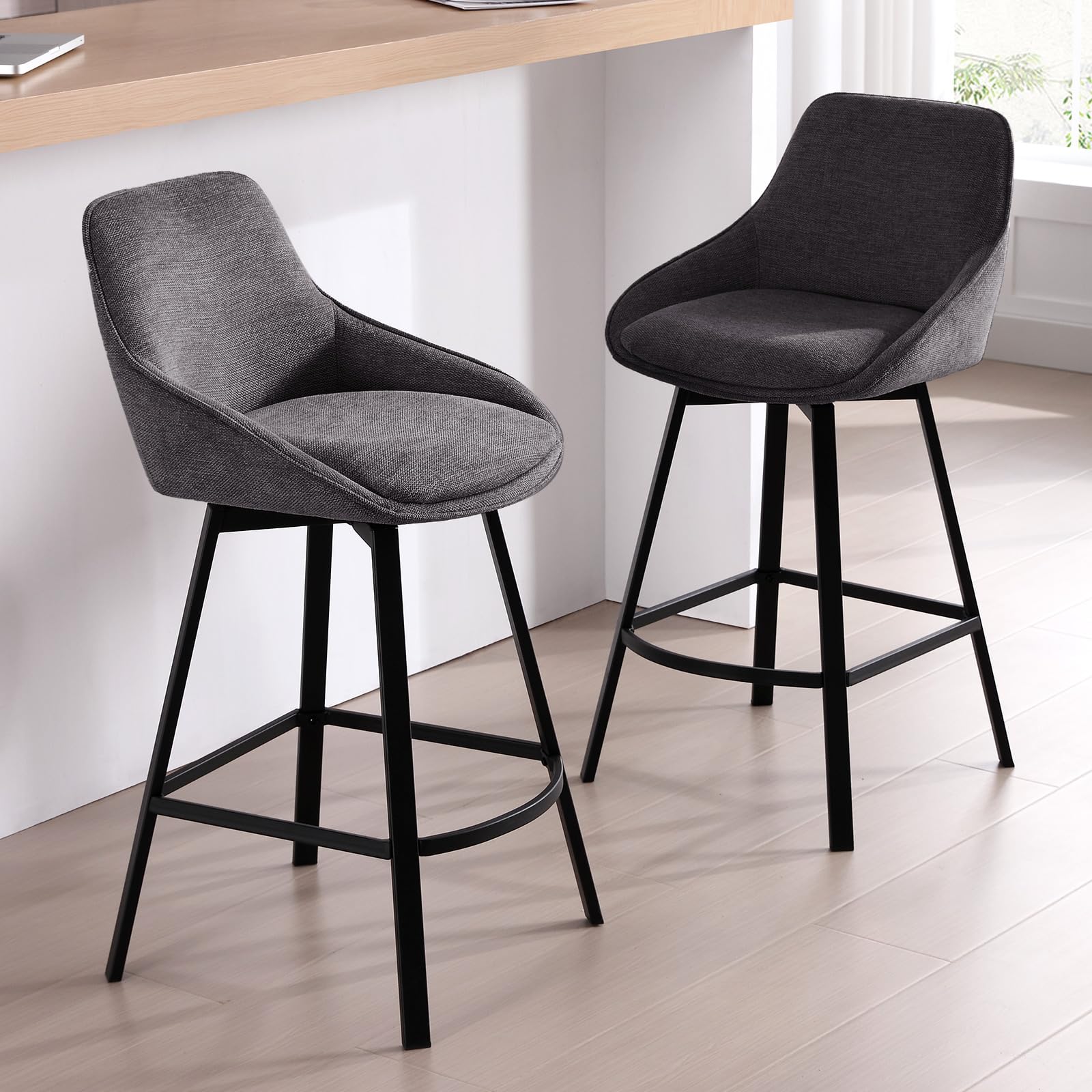 Zesthouse Swivel Bar Stools Set of 2, Modern Counter Height Barstools with Backs, 26'' Upholstered Linen Fabric High Chairs for Island Kitchen,