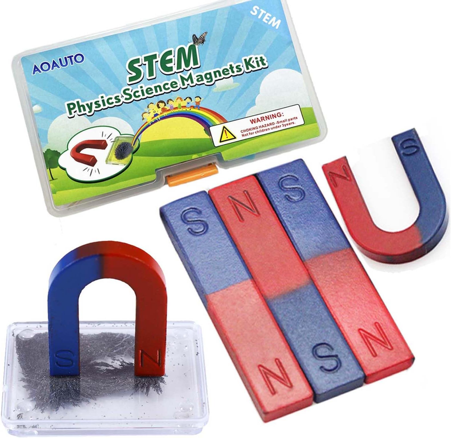 Kids Magnet Physics Science Kit, STEM Educational Learning Set Includes Bar & Horseshoe Magnets, Magnetic Powder for School Teachers & Homeschool Students