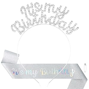 BAHABY It's My Birthday Sash & Headband Set, Silver - Hairband Accessory for Women Celebrating Their Birthday, 2 Pieces Included