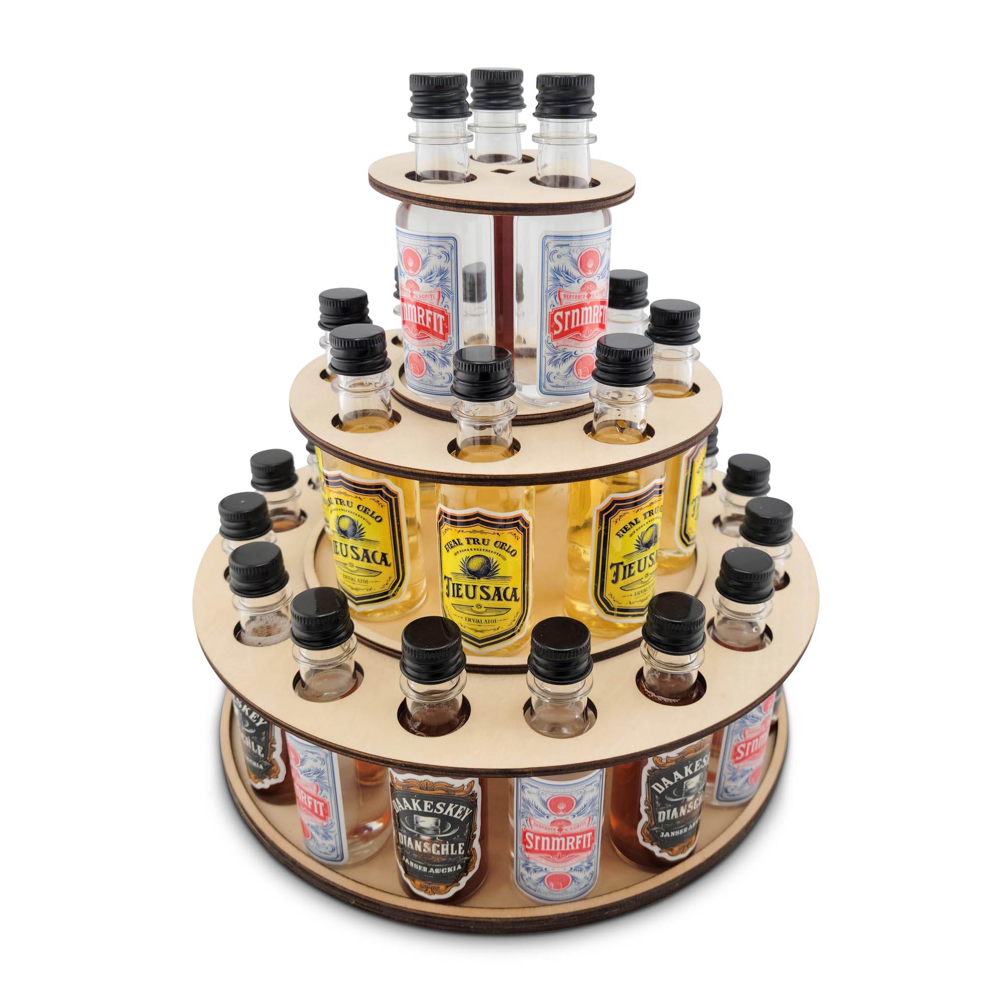 Shot Cake Party Centerpiece Display for Mini Liquor Bottles | 21st Birthday Holiday Celebration Decoration (Three Tier, Natural Wood)