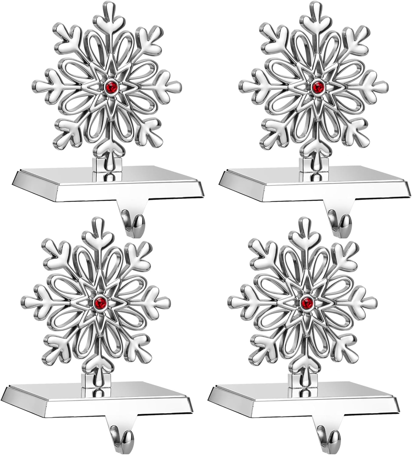 4 Pack Snowflake Christmas Stocking Holder Set for Mantle Christmas Holiday Decorations Mantle Fireplace Topper Snowflake Hangers Decorative Metal Hanger