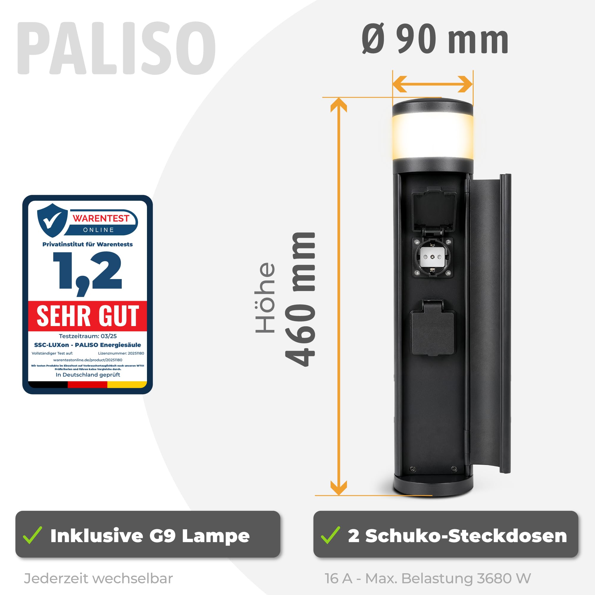 SSC-LUXon PALISO Energiesäule Garten mit Licht und 2 Steckdosen outdoor - schwarze Pollerleuchte außen led IP44 inkl. G9 3W warmweiß