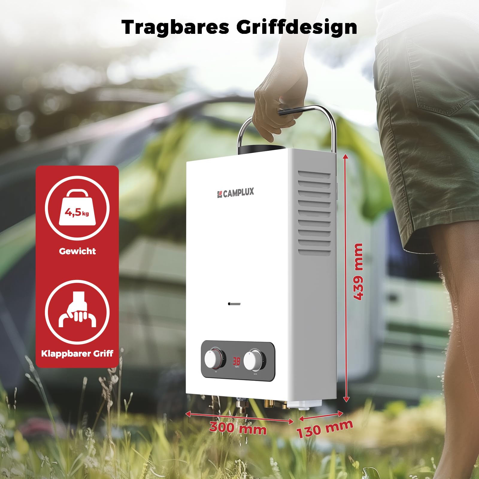 CAMPLUX Gasdurchlauferhitzer 6 Liter mit Griff, LPG, 50 mbar, BD158-DE