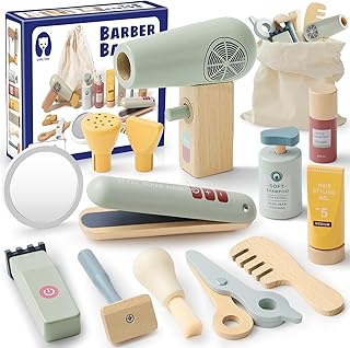 Wooden Hairdresser Set Children with Hair Dryer Straightener Comb Hair Styling Shaving Accessories Salon Hairdresser Toy Children Role Play Wooden Toy Gift for Boys from 3 4 5 6 7 8 Years