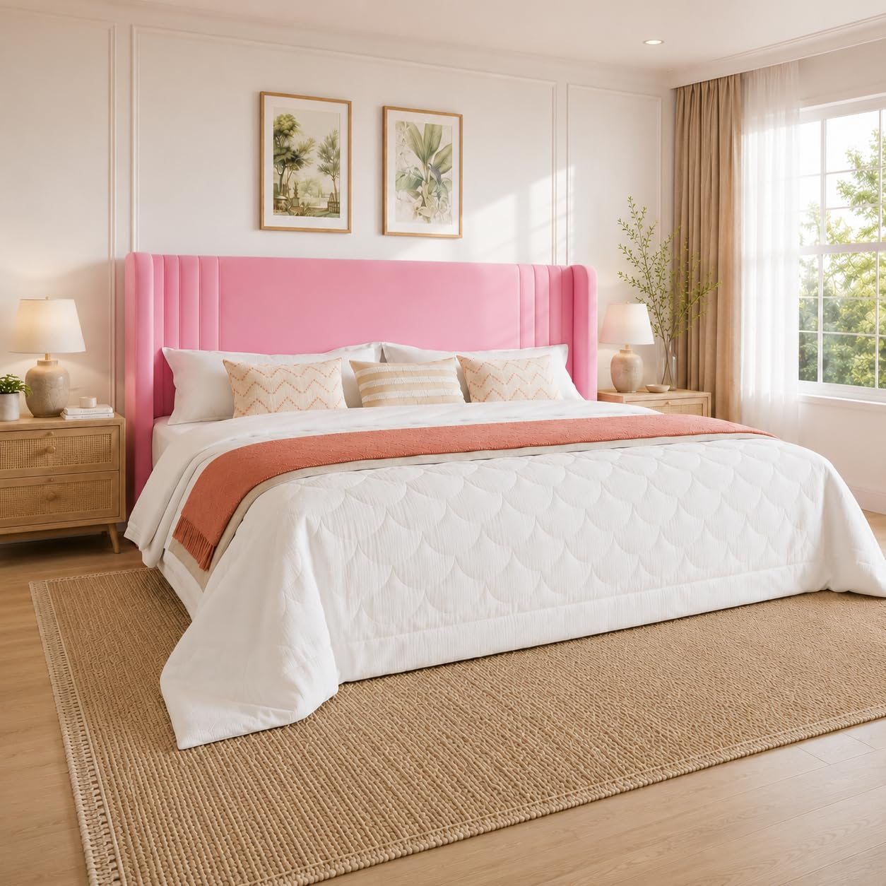 SHA CERLIN King Velvet Upholstered Bed Frame, Wingback Headboard, Pink
