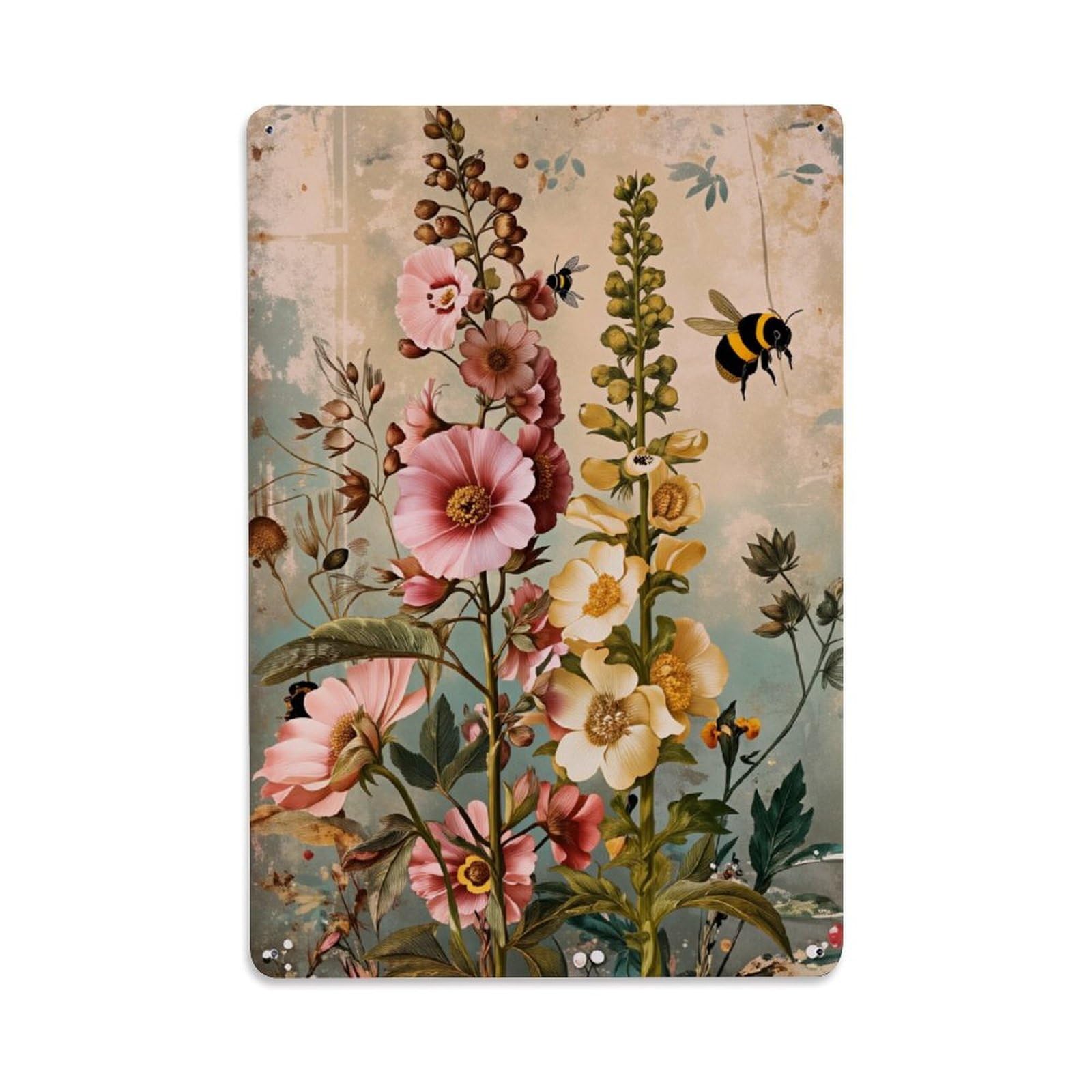 Enderetf Vintage Floral Bee Pollination Artwork Pattern Tin Sign Metal Poster, Home Bar Garage Man Cave Cafe Indoor & Outdoor Wall Decoration 8X12inches