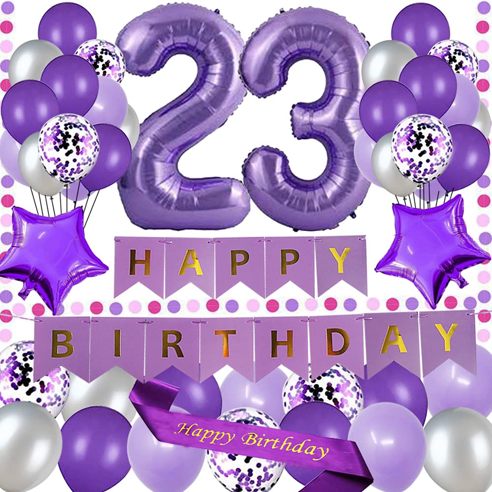 23rd Birthday Party Decorations Purple Happy Birthday Paper Banner Purple 40inch Number 23 Happy birthday Sash Latex and Confetti Balloons Perfect for 23 Years Old Party Supplies Balloons Number 23 Purple