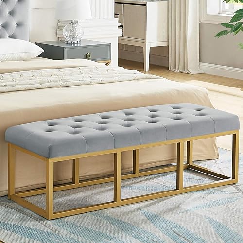 24KF Banco largo tapizado con patas de metal dorado, banco de terciopelo gris con asiento acolchado, gris