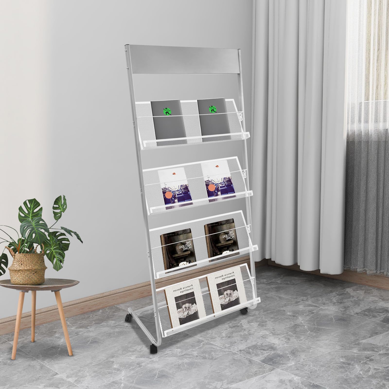 Revistero de 4 niveles con ruedas, soporte para revistas y folletos, 63x36x148 cm