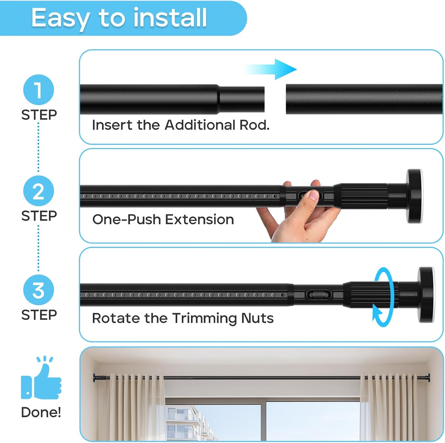 2pack Tension Curtain Rod 41-126 In(4-10Ft) Long Shower Curtain Rods No Drilling Outdoor Tension Rods For Patio Black Shower Rod For Window Or Bathroom，Rod Diameter 1.26in-One-Bond Stretching