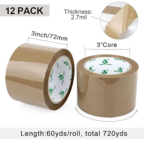 Miniatura 3 de BOMEI PACK Cinta de embalaje marrón de 3 pulgadas de ancho, 12 rollos repuestos de cinta de embalaje marrón resistente para cajas de mudanza, envío