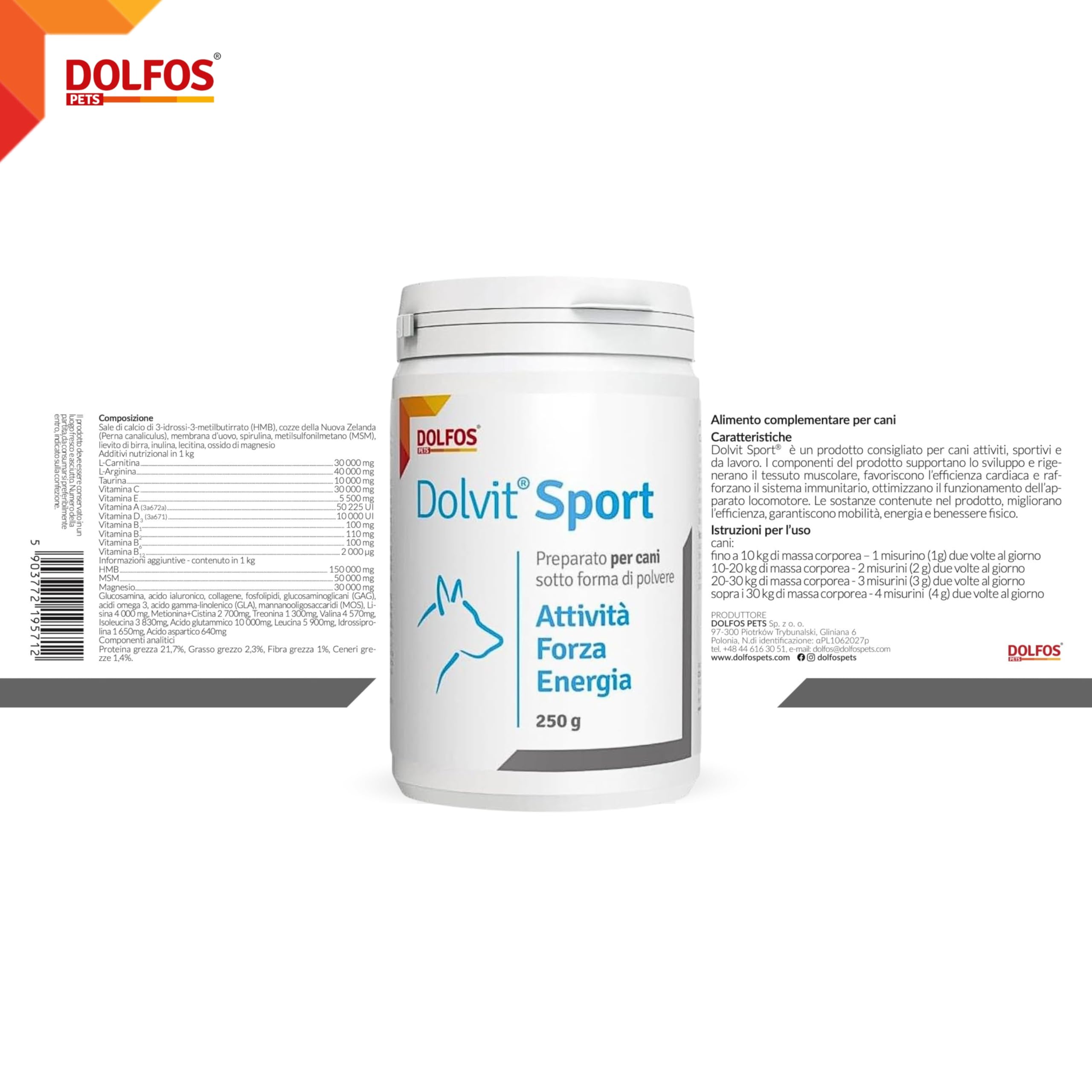 Dolvit Sport Integratore per Cani da Caccia, Sportivi o da Lavoro Multivitaminico - 250 Grammi Polvere - Consigliato per Dog Agility e Cani da soccorso