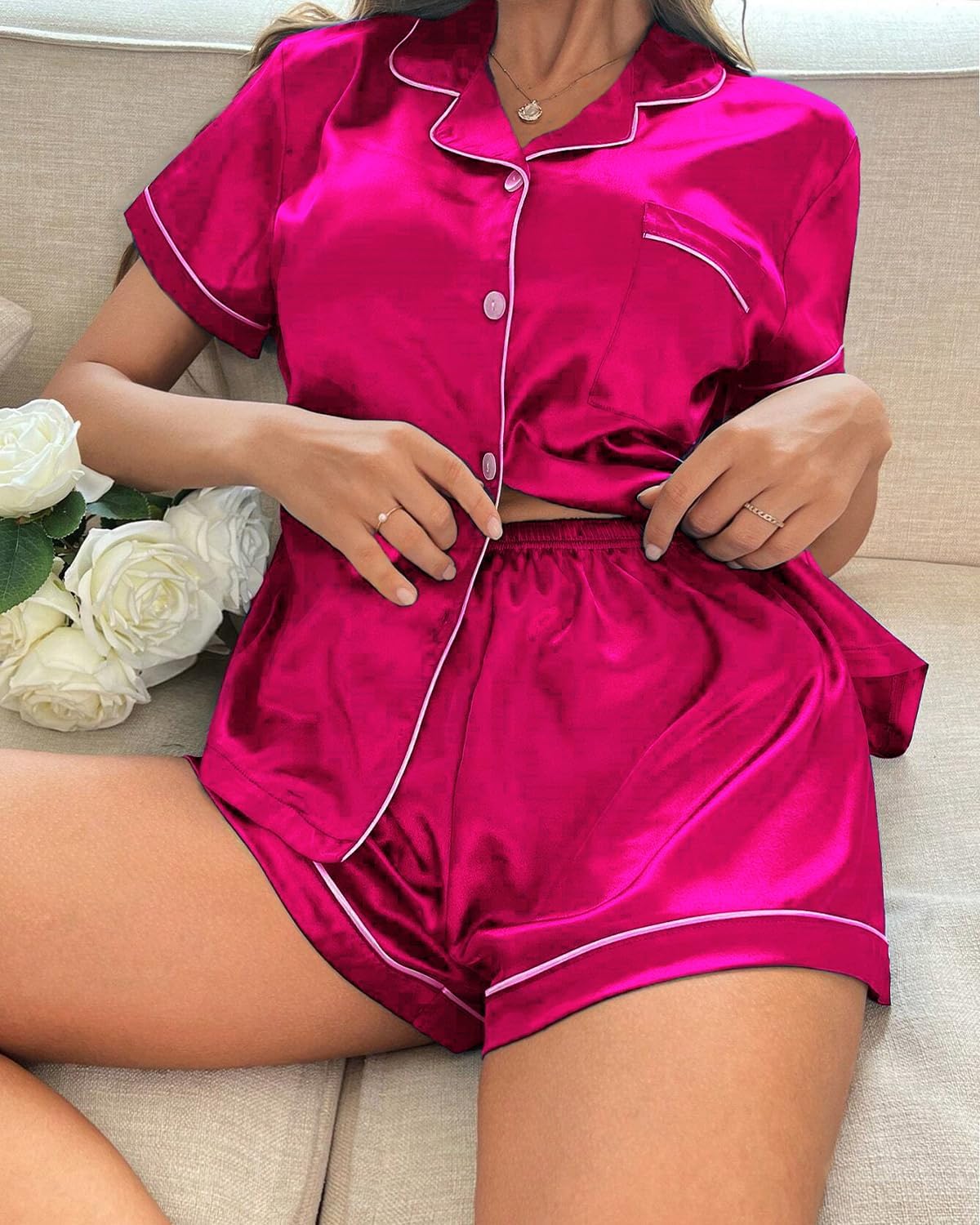 SISKIN Silk Pajamas for Women - Short Sleeve Sleepwear Soft Satin Button Down Loungewear 2 Piece Pjs Shorts Set S-XXL - Image 4