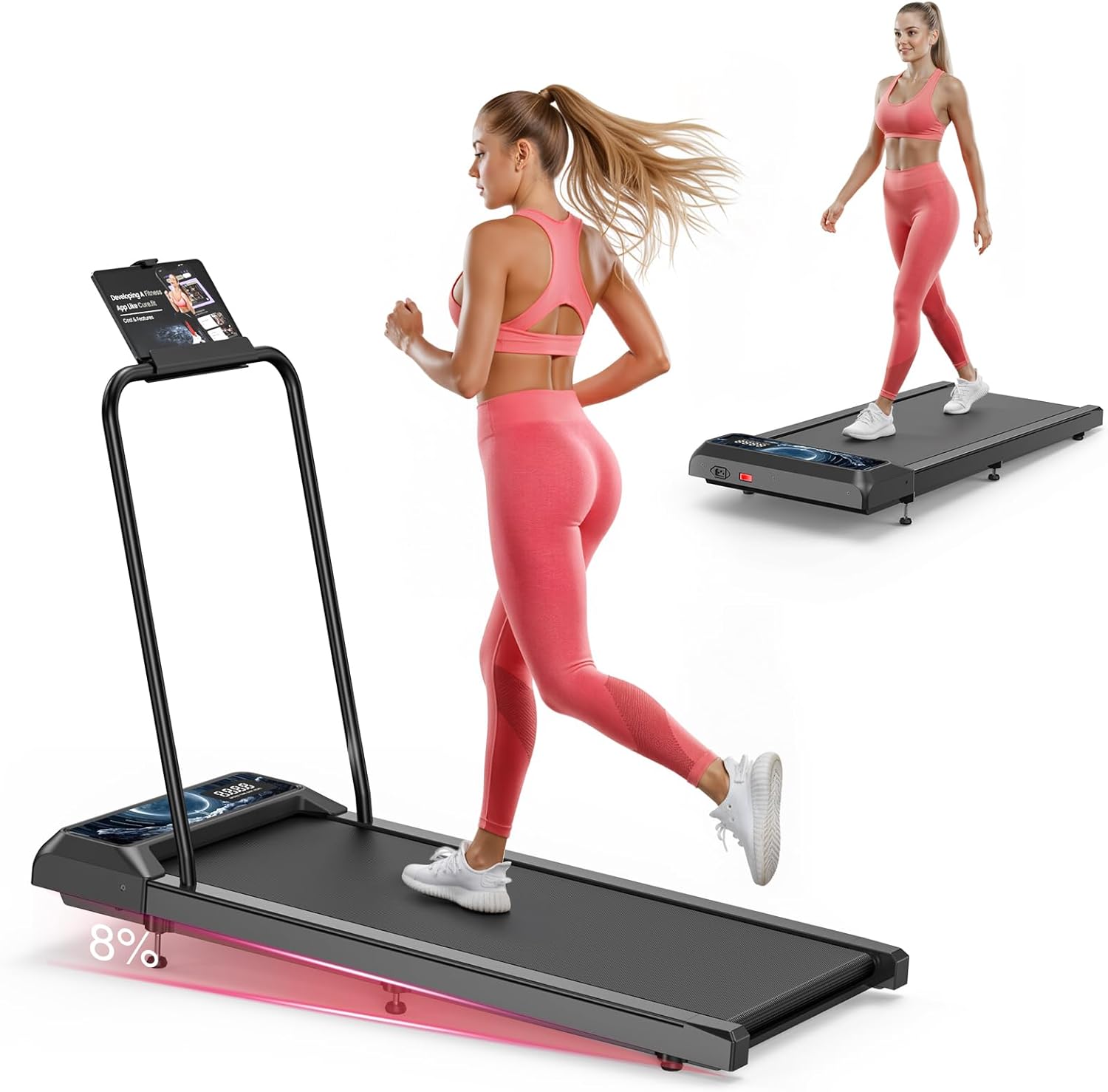 Walking Mat Pad With Incline and Handle Bar, Treadmill with Handles, 4 in 1 Under Desk Treadmill, 2.5HP Low Noise Compact Treadmills Small Space with Remote Control,Portable Treadmills for Home Office