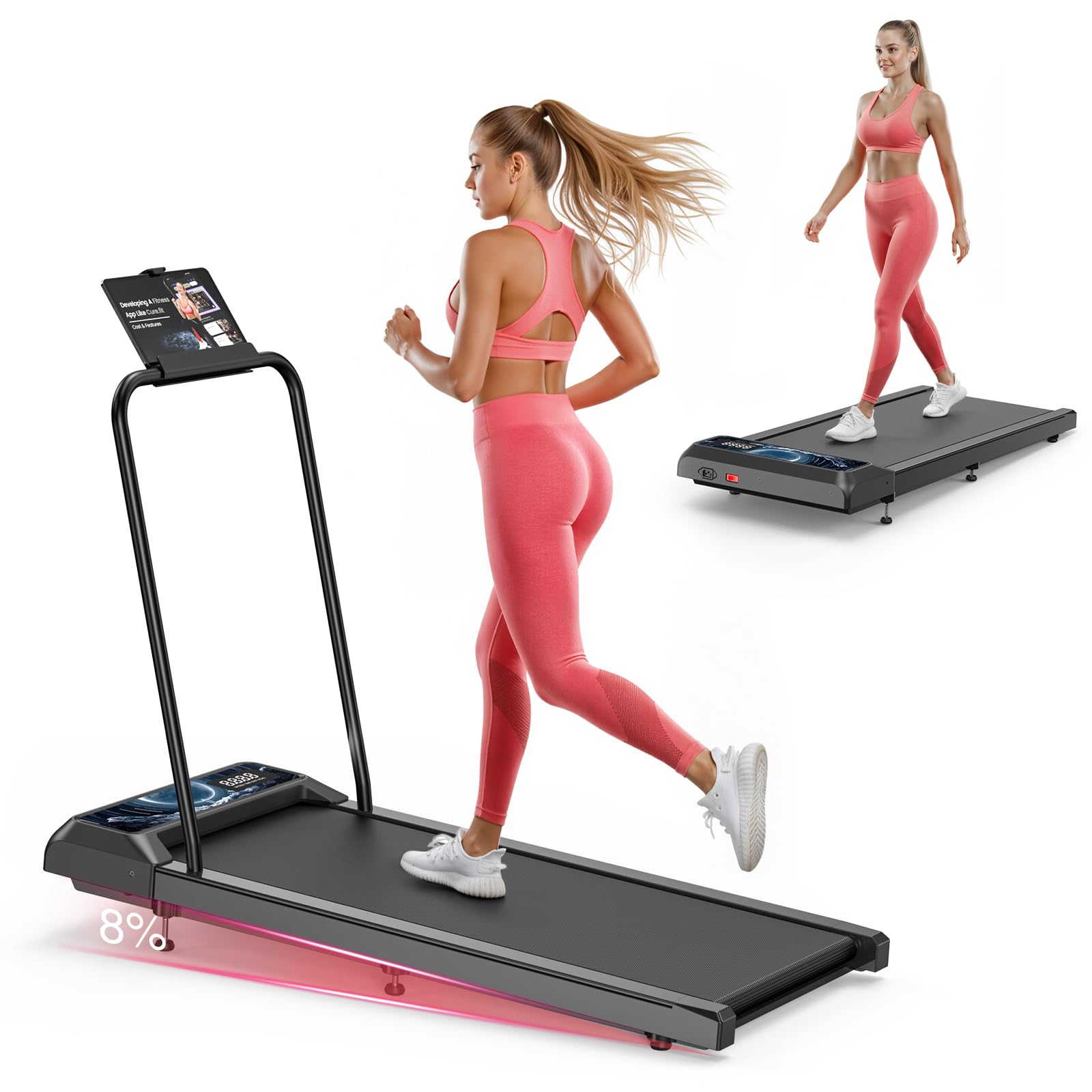 Walking Mat Pad With Incline and Handle Bar, Treadmill with Handles, 4 in 1 Under Desk Treadmill, 2.5HP Low Noise Compact Treadmills Small Space with Remote Control,Portable Treadmills for Home Office-image-13