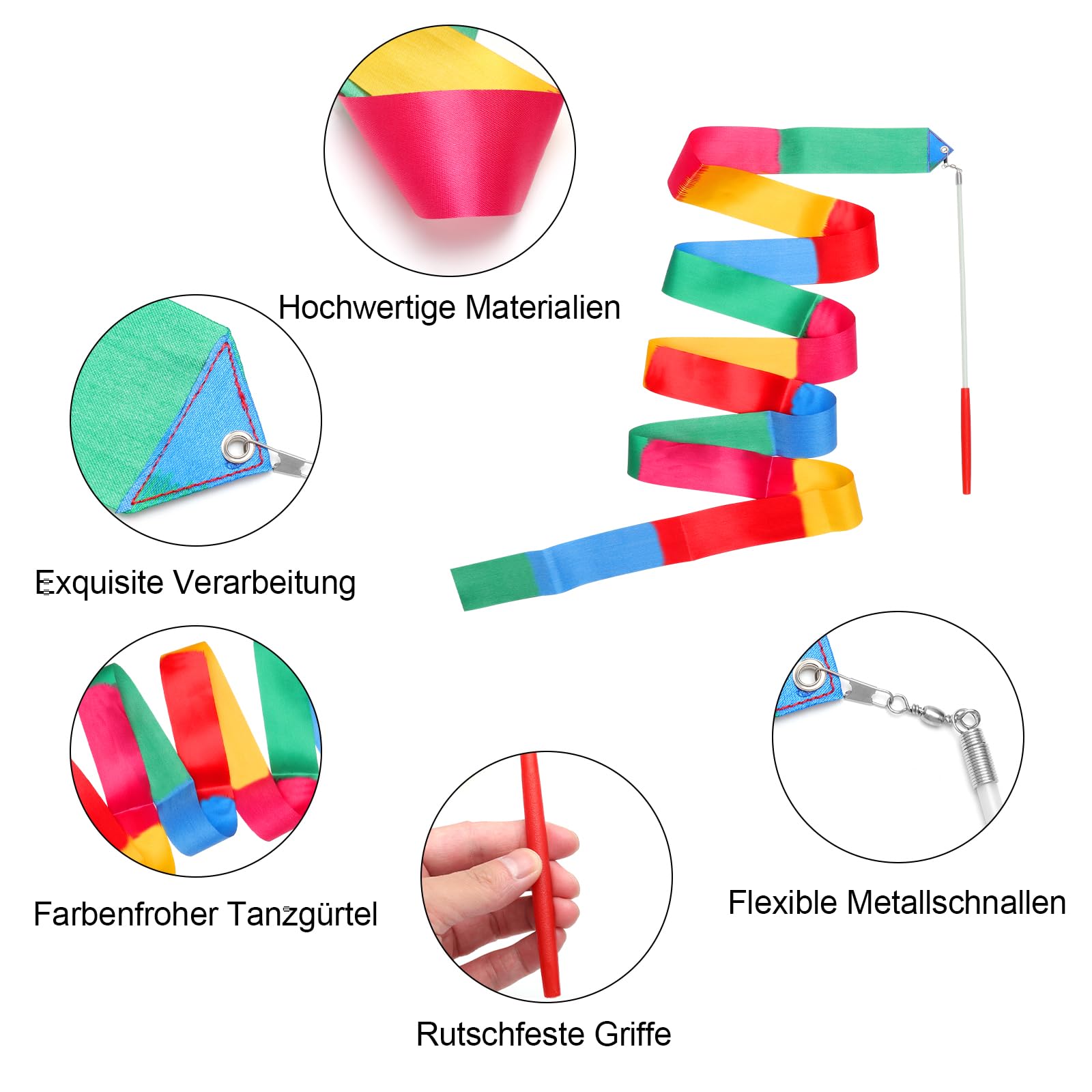 APOMOONS Lot De 12 Rubans De Danse 2 M – Soie, Baguette En Fibre De Verre, Multicolores, Pour Gymnastique Rythmique Et Spectacle
