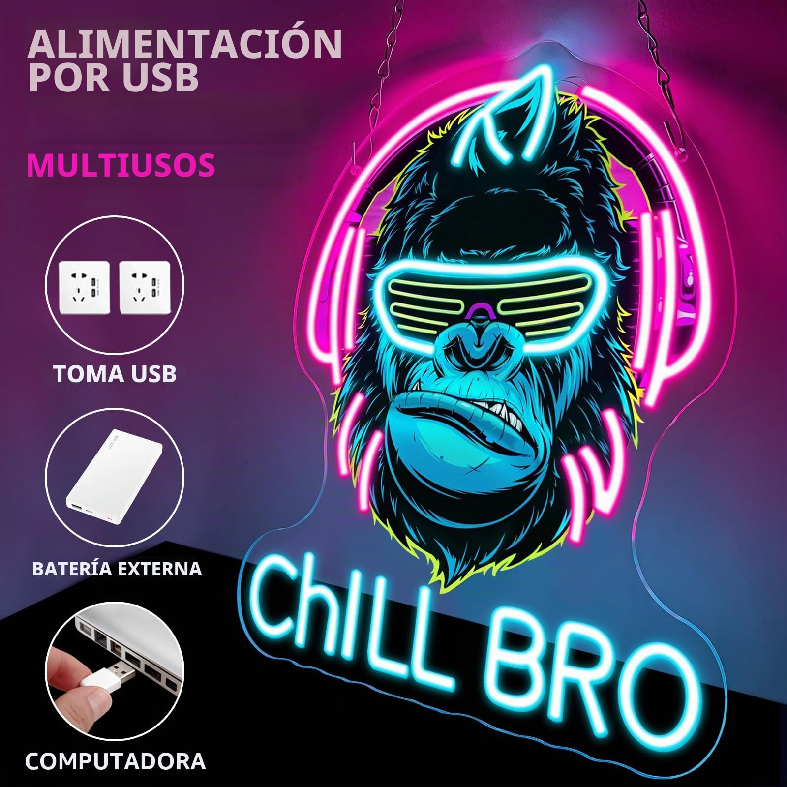 Chill Bro Gaming Headset Cartel de neón para decoración de pared, cartel de neón de gorila, carteles LED de zona de juegos para sala de juegos, decoración de accesorios de juegos, decoración