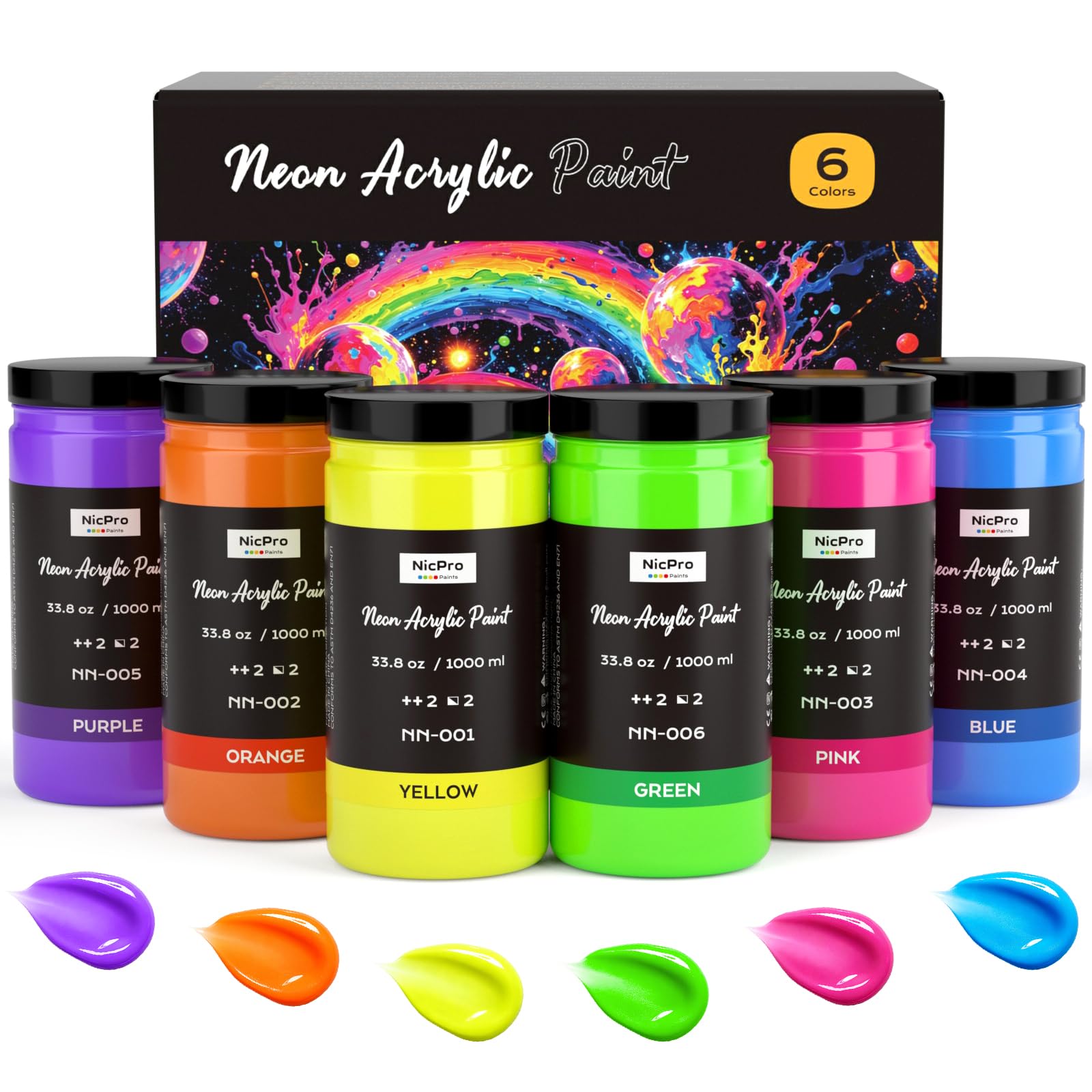View 1 of [DAMAGED] Nicpro Fluorescent Acrylic Paint Set - 6 Colors, 33.8oz Each