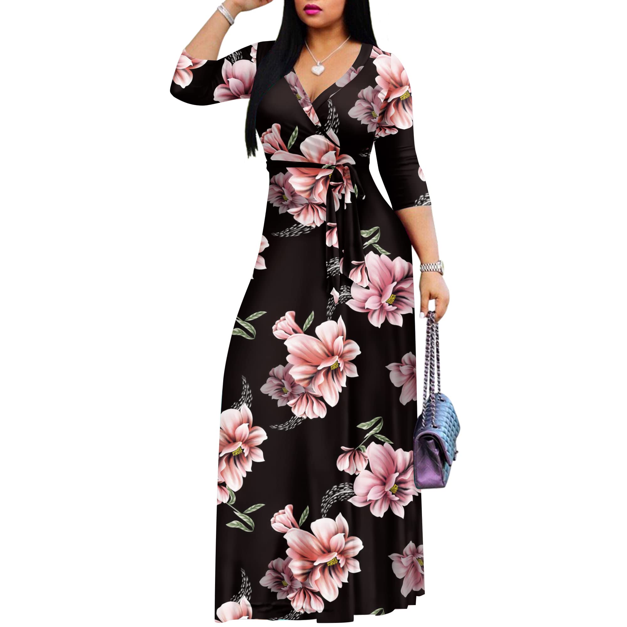 AOMONI Women's Floral Maxi Dress - 3/4 Sleeve V-Neck Wrap Tie Waist, Boho Casual & Party Wear, Sizes M-3XL