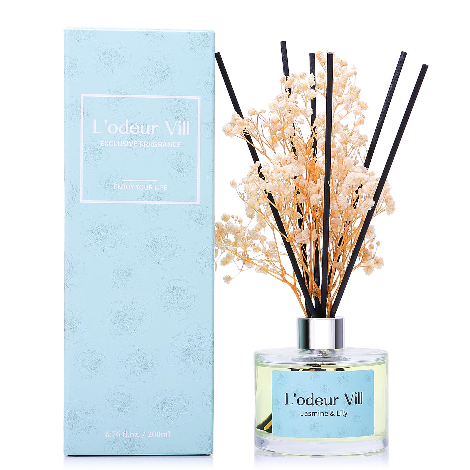 Reed Diffuser Set, 6.7 oz(200ml) Jasmine & Lily Scented Diffuser with 6 Oil Diffuser Sticks, Home Fragrance Essential Oil Reed Diffuser for Home Large Rooms Bathroom Shelf Decor
