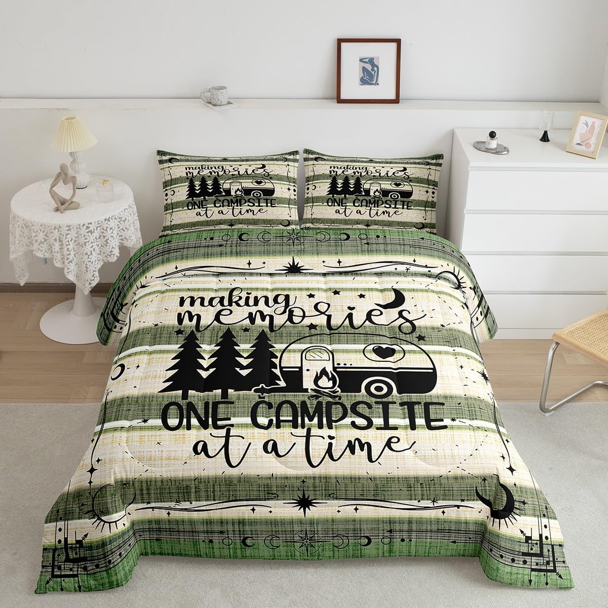 Erosebridal Happy Camping Decor Bedding Set, Rustic Camper Comforter Set Full Size for Kids Teen Girls Boys Room Decor, Camper Accessories for Travel Trailers Duvet Insert with 2 Pillow Cases Black Green Full image 2 of 6 B0DB1NBG9T