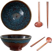 8 Inch Ceramic Ramen Bowl Set of 2, 40oz Japanese Bowls with Spoons & Chopsticks,Durable,Microwave & Dishwasher Safe,Perfect for Ramen,Pho,Salad,Soup,Noodles，Mixing Bowls