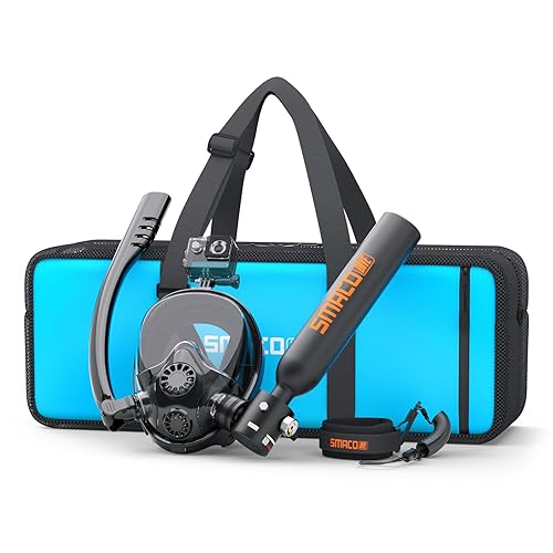 SMACO Mini Scuba Tank with Snorkel Mask 0.5L Portable Small Diving Tank with Full Face Diving Mask Lung Air Tank Sub Mask Reusable DOT Certified Pony Bottle for Snorkeling