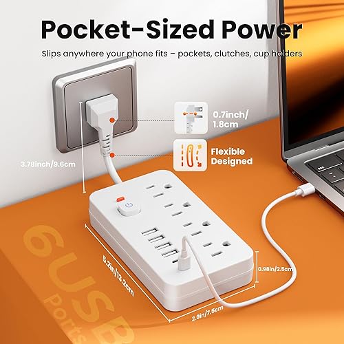 Miniatura 3 de Regleta de alimentación con protección contra sobretensiones, cable de extensión corto con 4 salidas de CA, 6 puertos USB (2 USB C) y protección