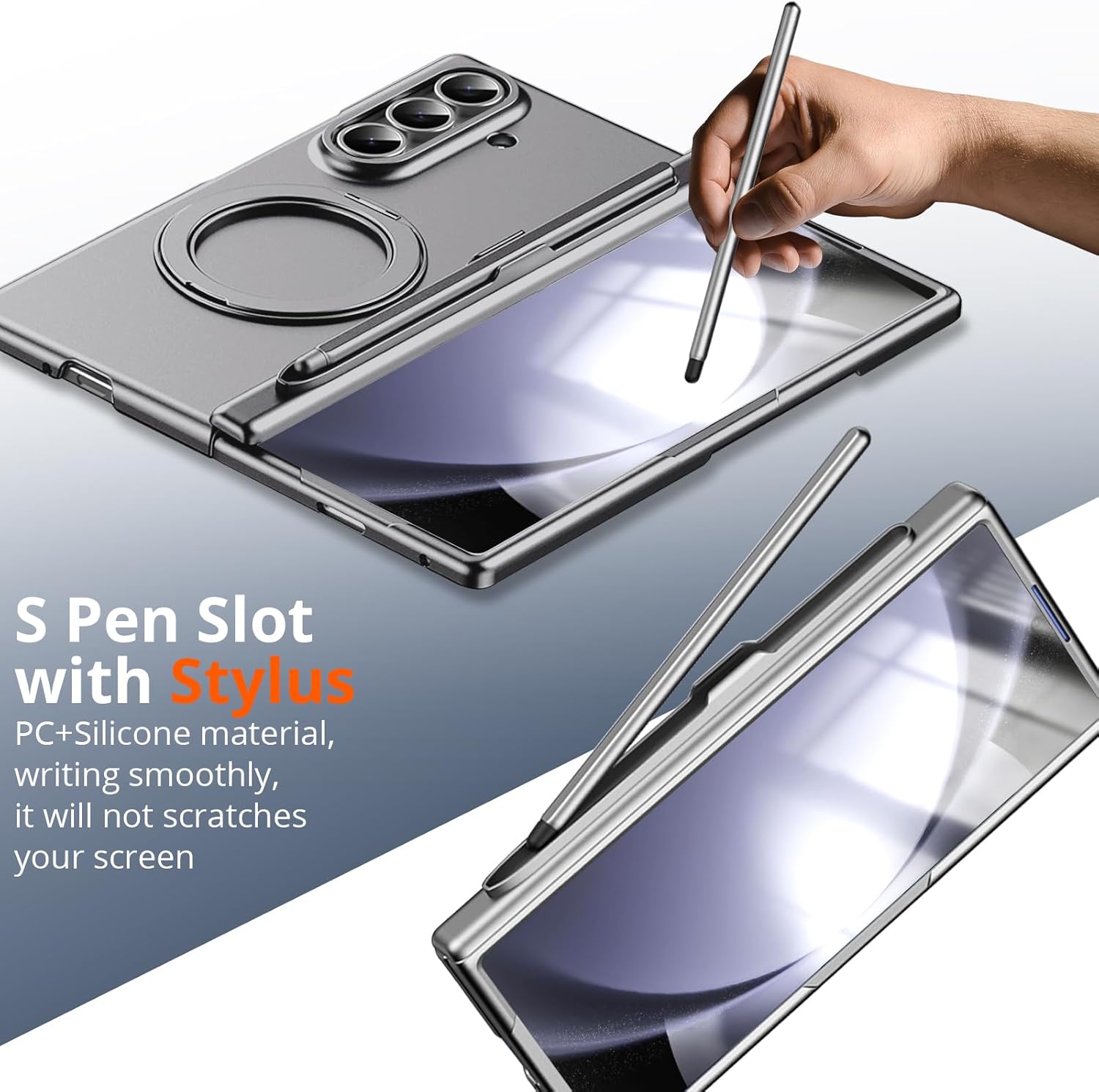 for Samsung Galaxy Z Fold 5 Case with S Pen Holder & Stylus Pen, Magnetic Rotating Ring Stand Compatible Magsafe Screen Protector Hinge Cover Full Coverage Protective Case for Z Fold 5 Grey