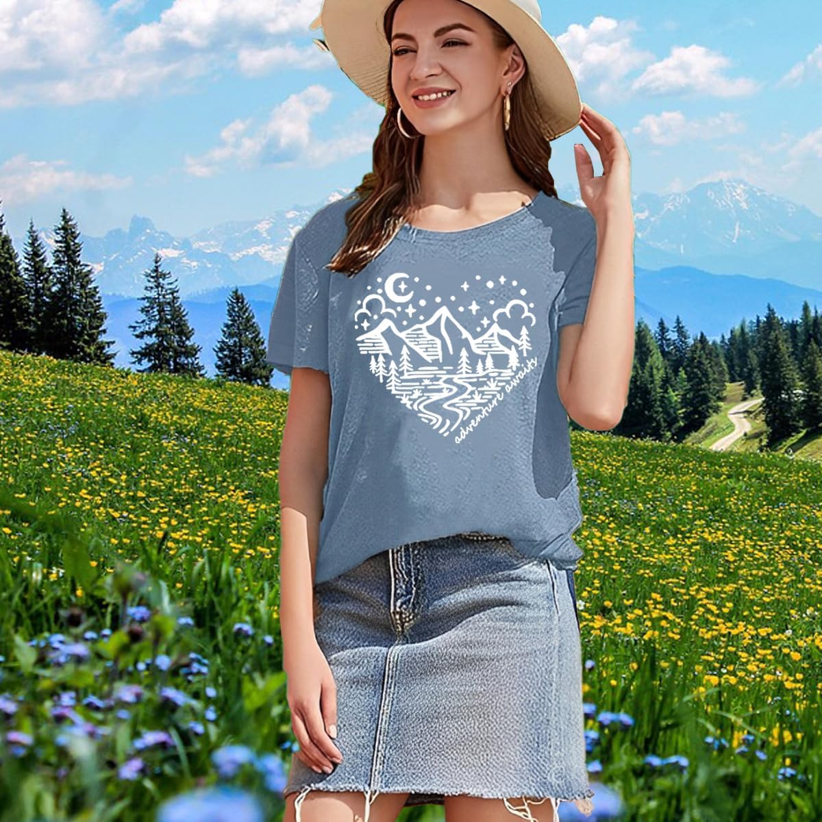 Women Mountain Shirts and So The Adventure Begins Tshirt Sunshine Moon Nature Pine Graphic Tees Heart Let's Go Find It Top - Image 5