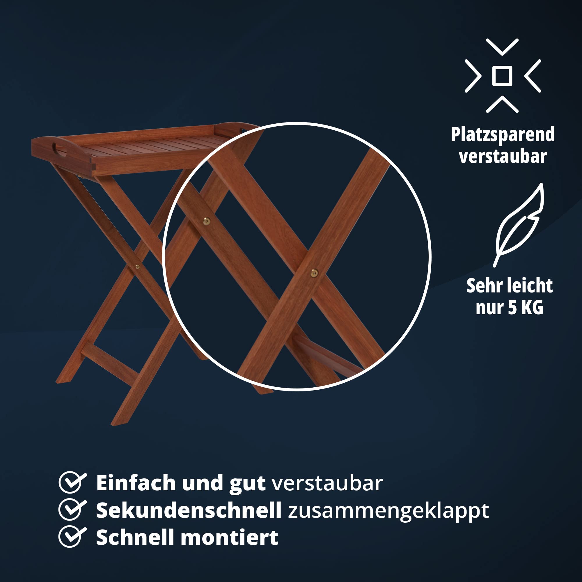 KHG Beistelltisch aus Akazien-Echtholz mit abnehmbarem Tablett mit Schüttrand, tragbar, klappbar, wetterfest, In- & Outdoor, Abstelltisch 20 kg belastbar, Dunkelbraun