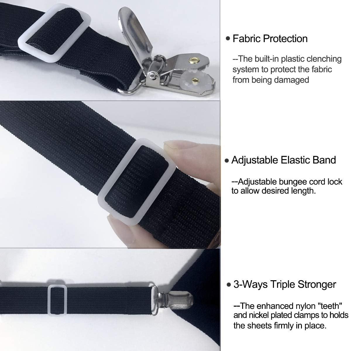 Siaomo Bed Sheet Holders Straps Fasteners - 4 Pcs 3 Ways Sheet Fasteners Fitted Sheet Corner Grippers Holder Elastic Adjustable Sheet Clip Hooks Suspenders Straps(Black Triangle)