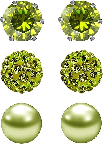 JewelrieShop - Juego de aretes de tuerca de acero inoxidable con circonitas cúbicas y perlas de imitación, 3 pares de 0.236in