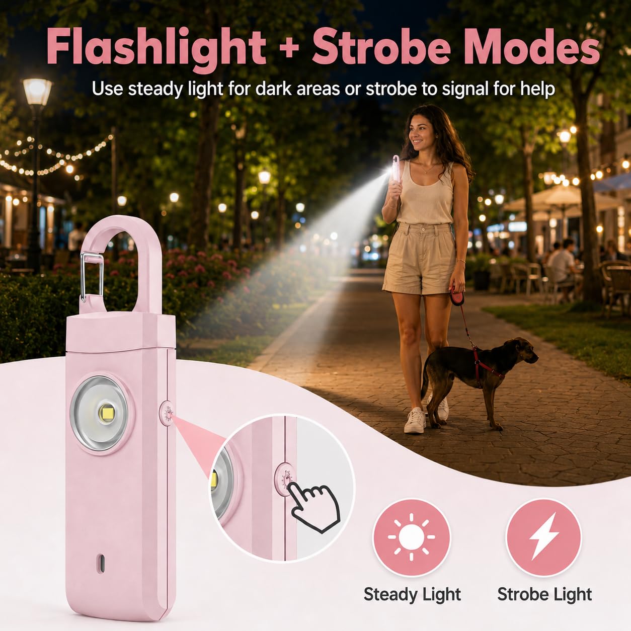 Alarmes personnelles rechargeables pour femme – Cadeaux de Noël et d'anniversaire pour femme, adolescente, fille, porte-clés de sécurité, sirène d'alarme, essentiels de voyage (rose)