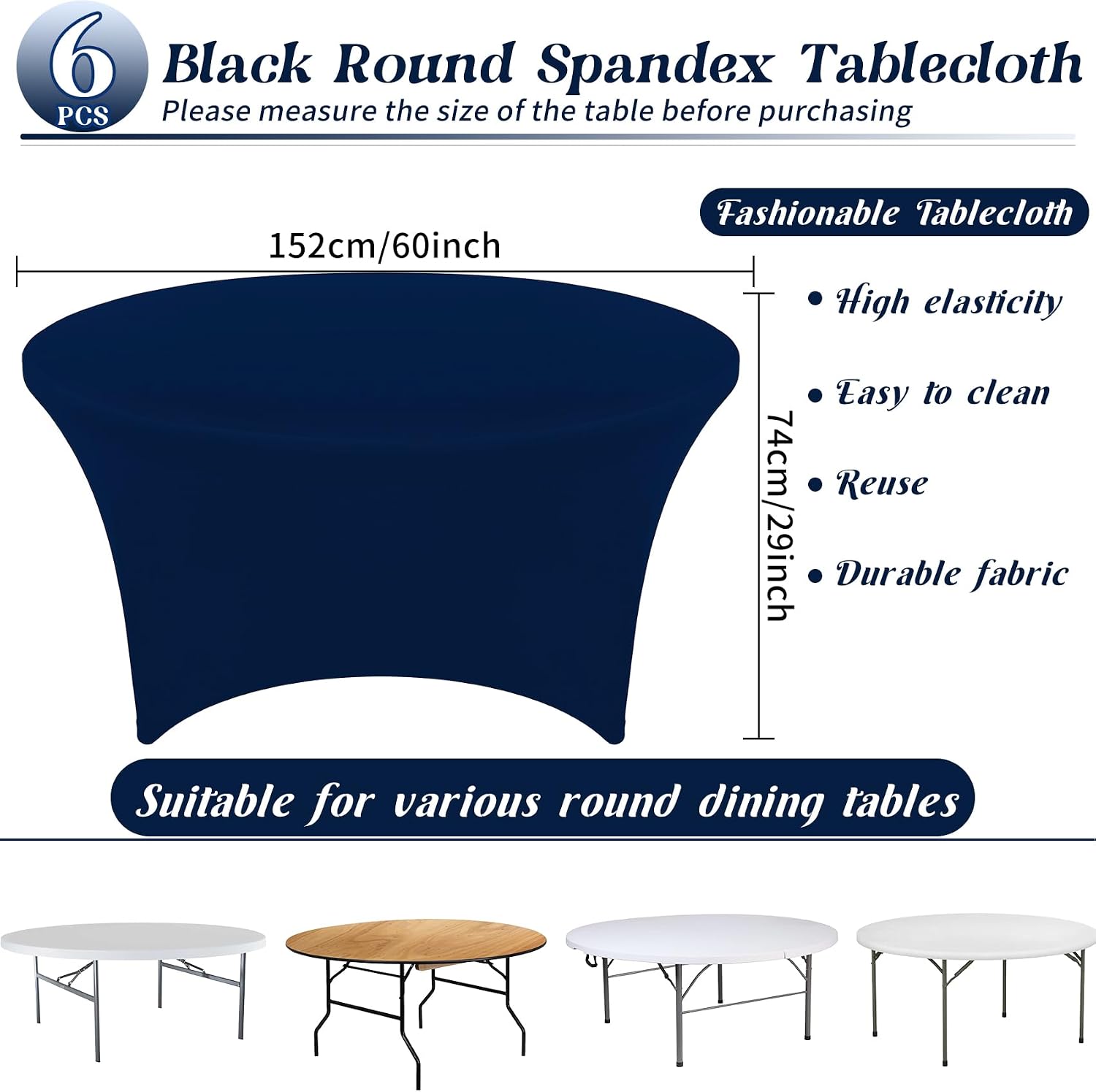 6Pcs 5FT Navy Blue Round Spandex Tablecloth 60 inch Stretchable Table Cover Tight Fit Stretch Tablecover Wrinkle Resistant Washable Table Cloth for Weddings Birthday Banquets Parties Festival