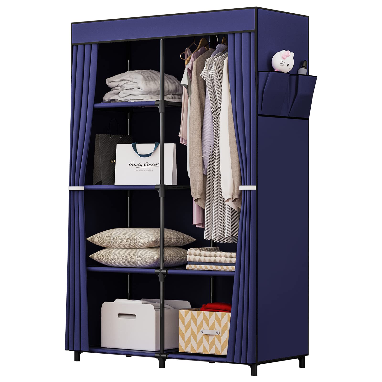 34 Inch Portable Wardrobe Closet Clothes Organizer with Metal Shelves and Dustproof Non-Woven Fabric (Blue)