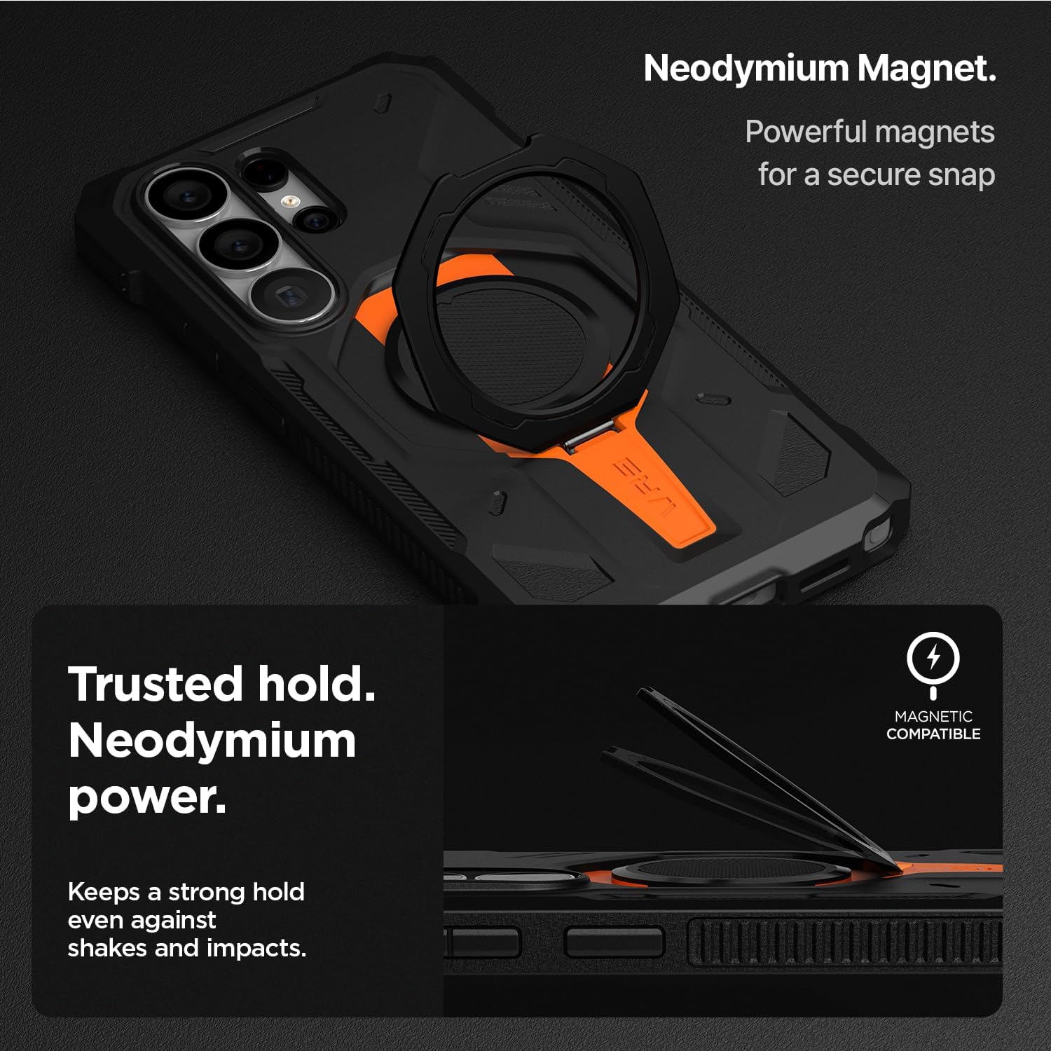 VRS DESIGN Quickstand Pro for Samsung Galaxy S26 Ultra Case(2026), [Magnetic Charging Compatible] Strong Magnet Ring Kickstand, Heavy Duty Rugged Shockproof Protective Cover (Digital Black)