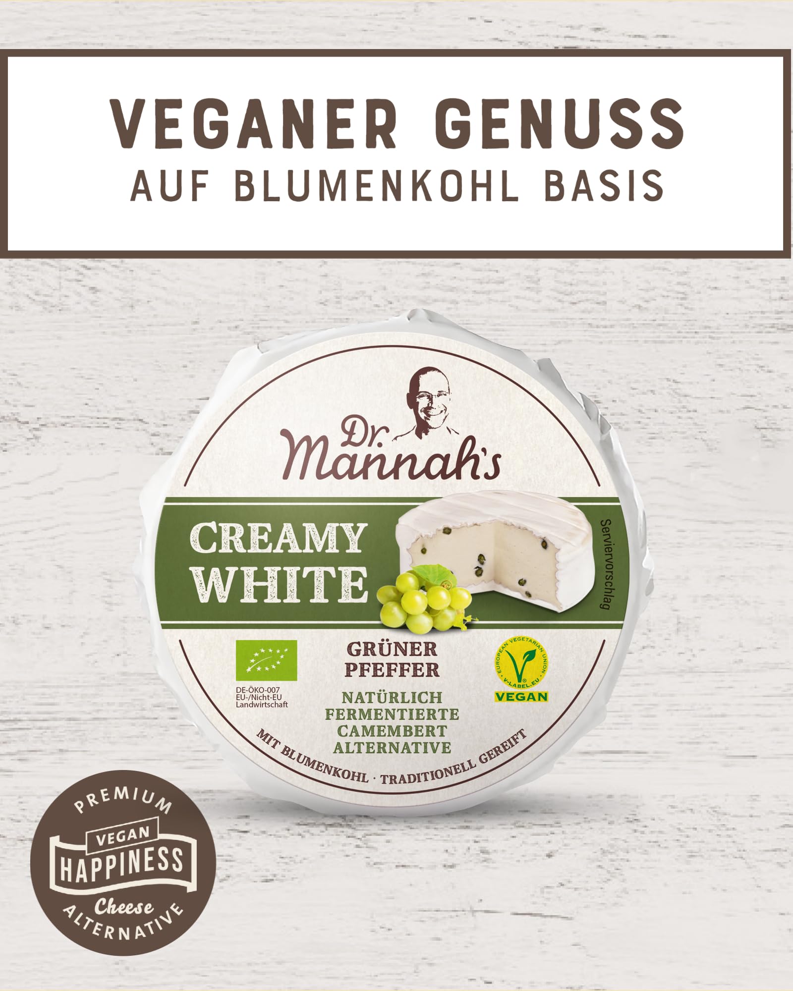 DR. MANNAH'S Vegan Passion Creamy White mit Grünem Pfeffer | Vegane Käse Alternative Auf Blumenkohl-Basis| Natürlich Fermentiert & Ohne Künstliche Zusätze (150g)
