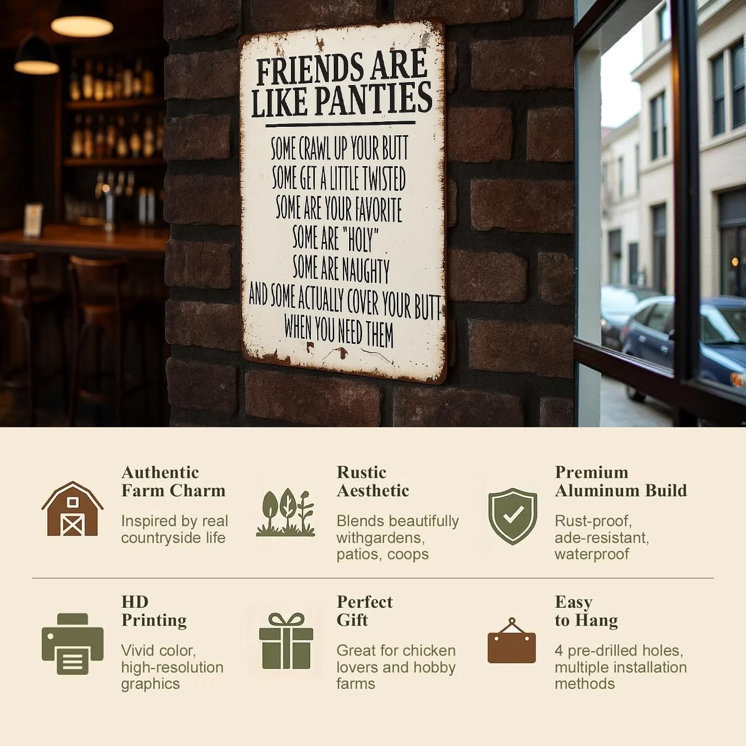 Funny Panties Quote Metal Sign 8x12 - 'Friends Are Like Panties' Humorous Bathroom Wall Art - Vintage White Iron Tin Sign for Bar, Home, Man Cave Decor - Unique Gift for Women & Friends - Image 6