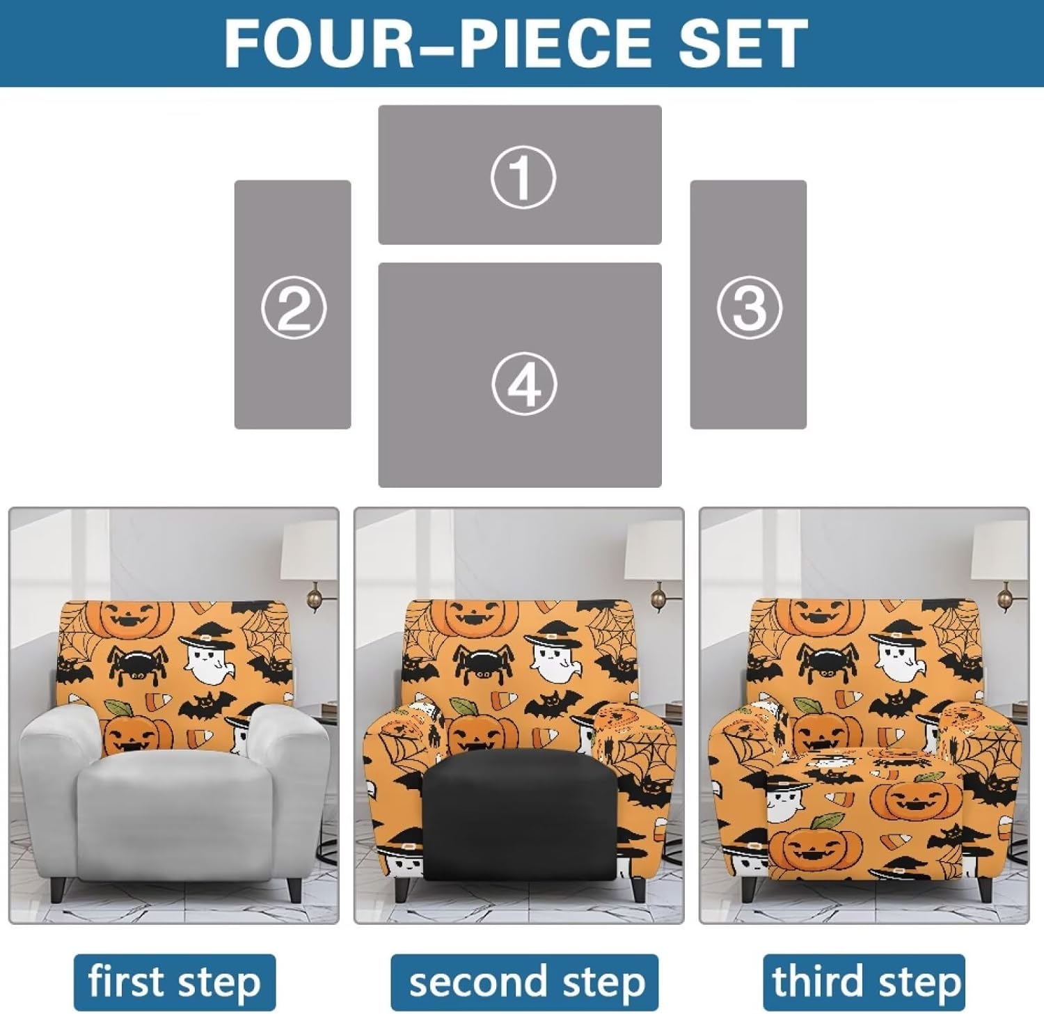 FOR U DESIGNS Ghost Pumpkin Recliner Slipcovers 4-Piece Set Stretch Fabric with Elastic Edges Washable for Reclining Chairs Easy Install for Pets Kids Prevent Stains